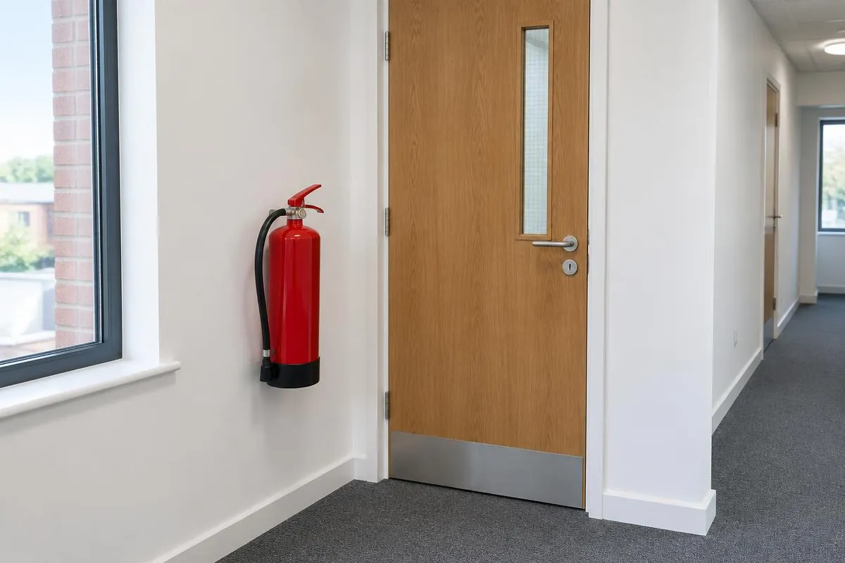Illustration of a fire door and extinguisher in a commercial property